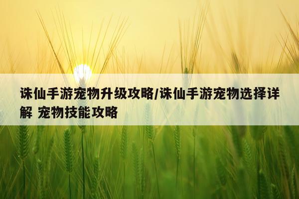 诛仙手游宠物升级攻略/诛仙手游宠物选择详解 宠物技能攻略